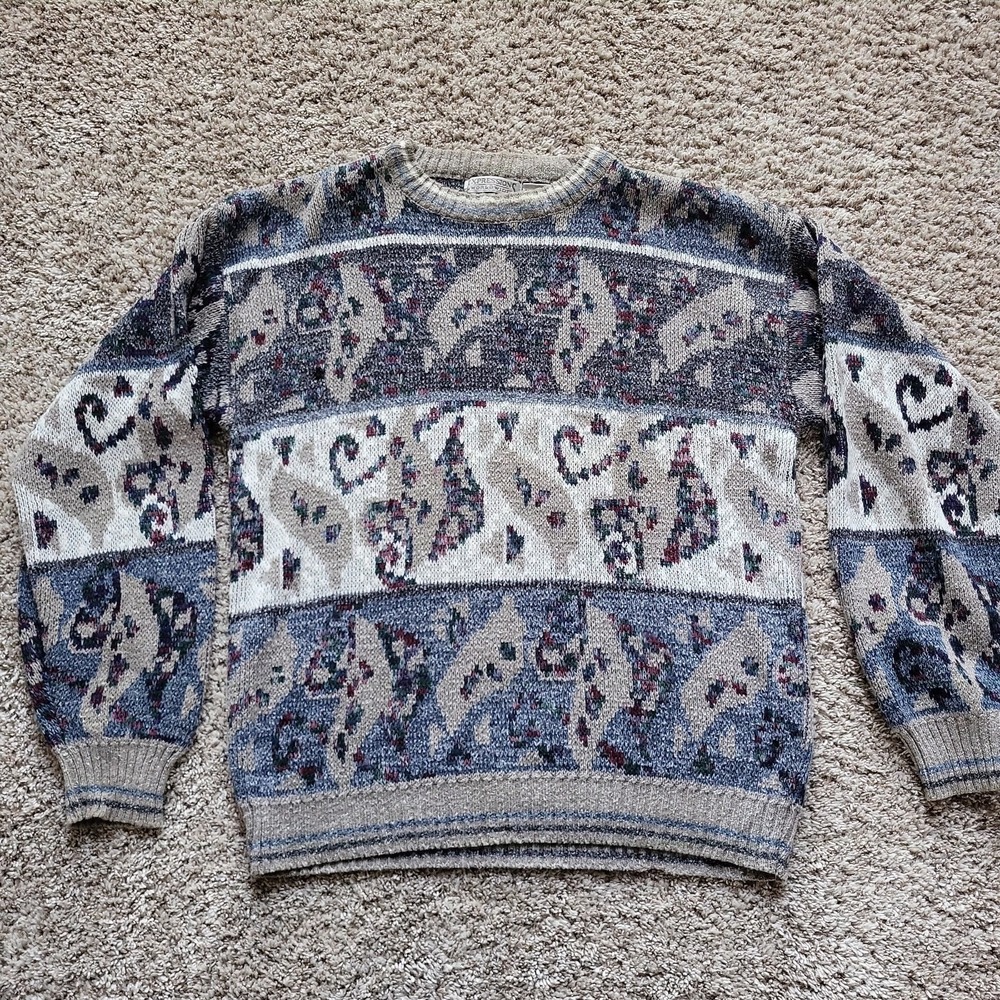 VINTAGE Expressions Worldwide Sweater Mens Medium Abstract Unique Rare‎ Knit 90s